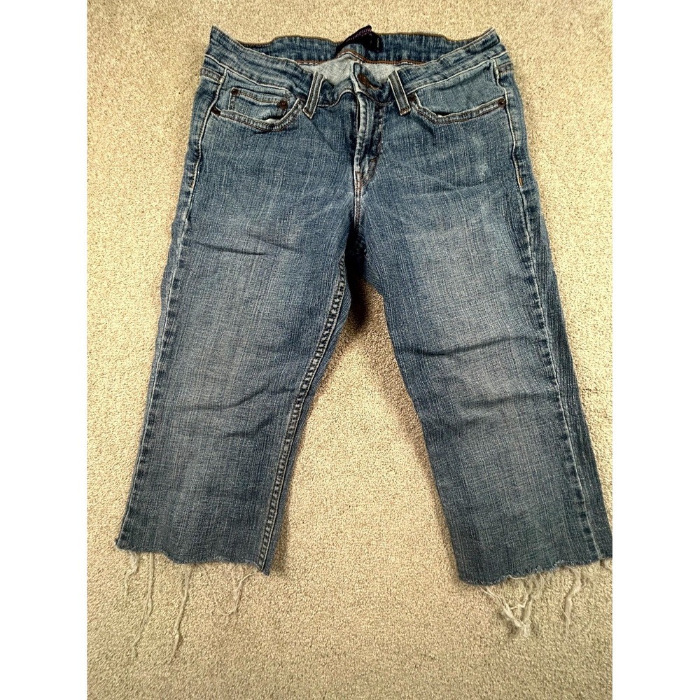 Vintage Levi's 518 Superlow Jeans Womens 7 Medium Blue Denim‎ Cotton Frayed Hem